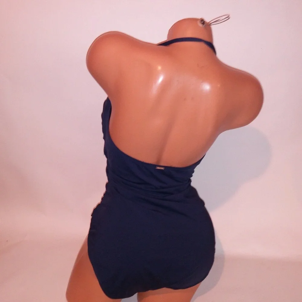 Anne Cole Swim One Piece Size 14 Solid Navy Blue Halter Scrunch Lightly Lined